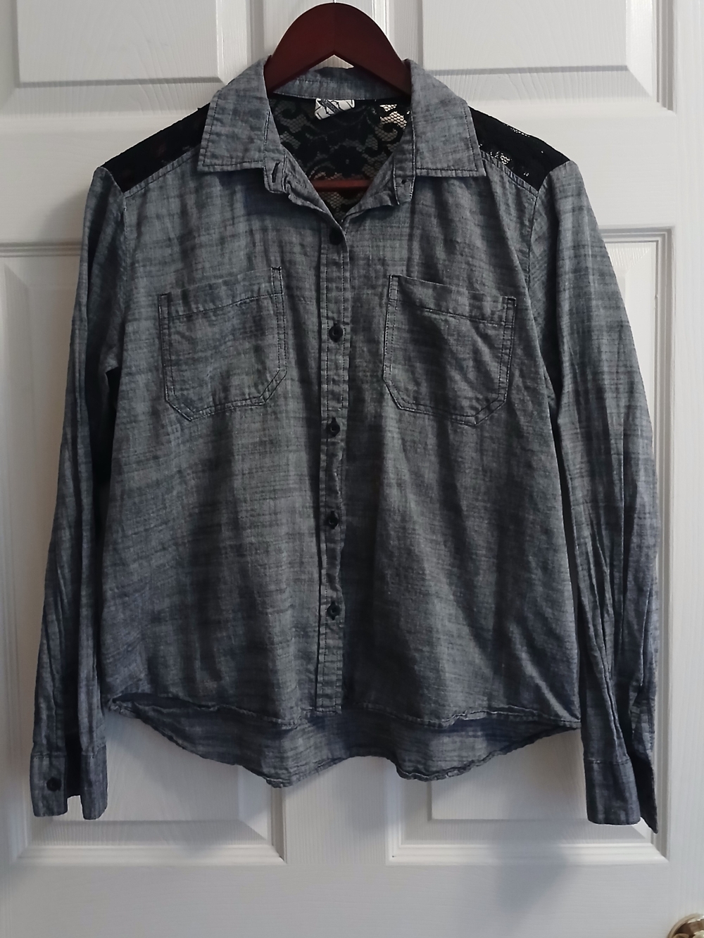 Empyre Gray Chambray Button-Up with Black Lace Shoulders